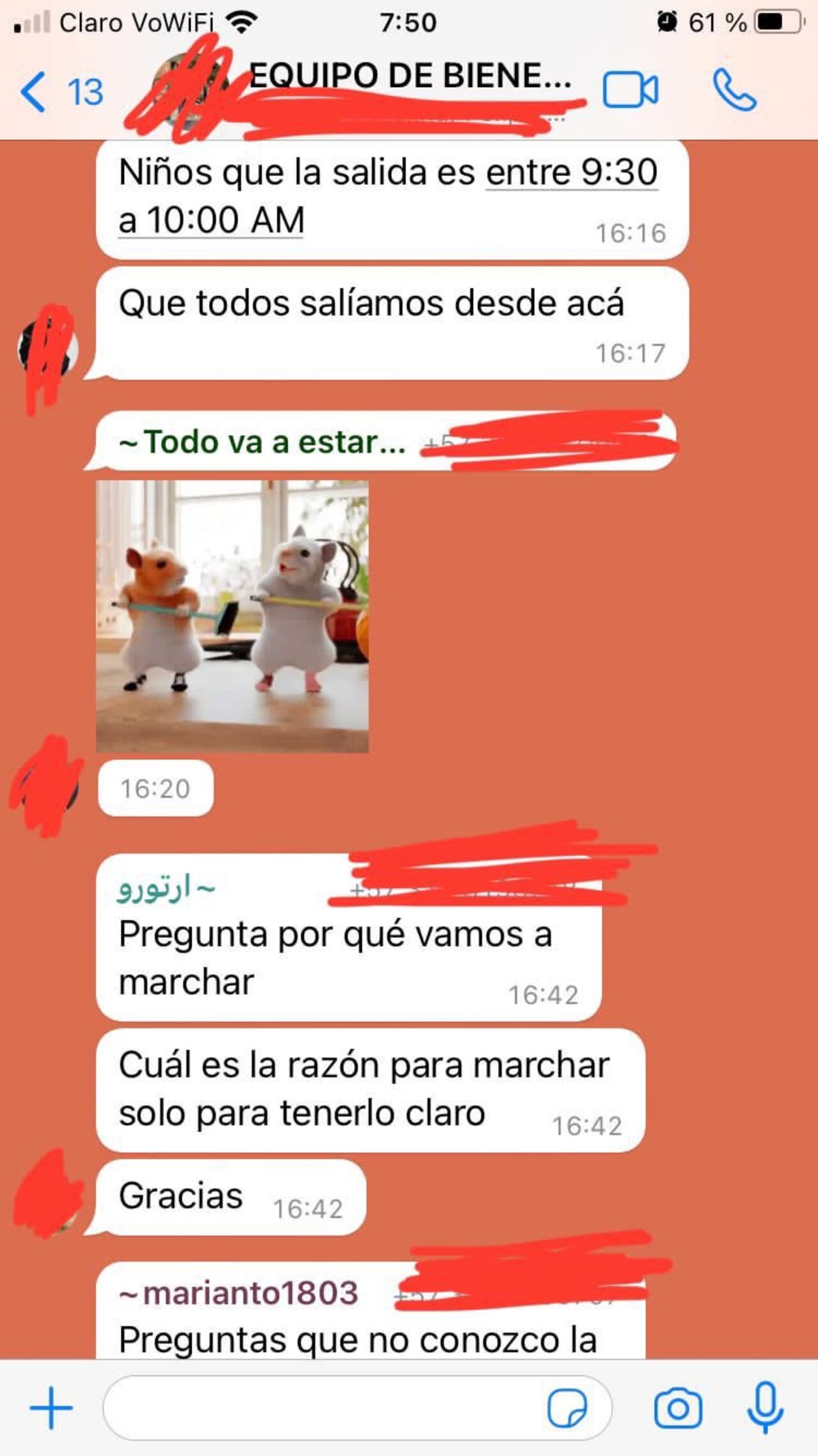 Captura de pantalla del chat que confirma la denuncia de Daniel Briceño