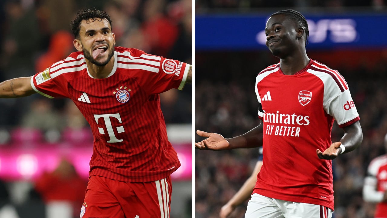 Luis Díaz, figura del Bayern Múnich (izq.) y Bukayo Saka, uno de los destacados de Arsenal (der) se verán cara a cara en Champions.