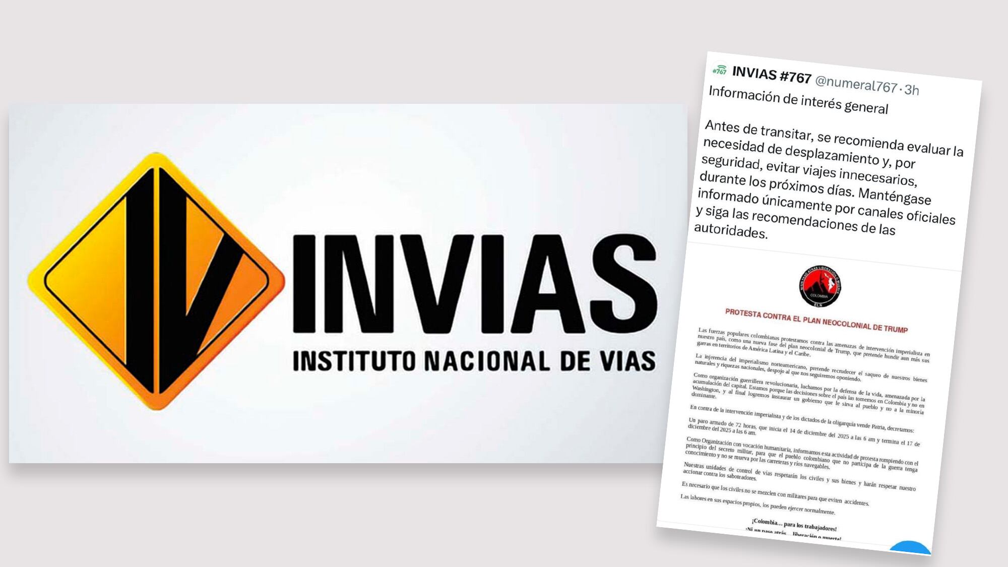 Invías y mensaje sobre el paro armado del ELN.