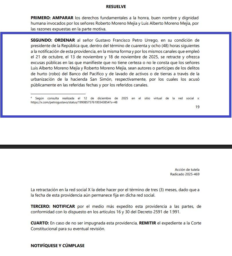 Presidente Petro tiene 48 horas para retractarse de las declaraciones hechas en contra de los hermanos Luis Alberto y Roberto Moreno