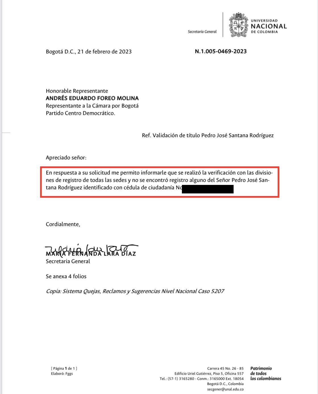 Esta es la respuesta que la Universidad Nacional le envió al representante Forero.