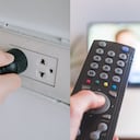 Persona desconectando el televisor después de apagarlo.