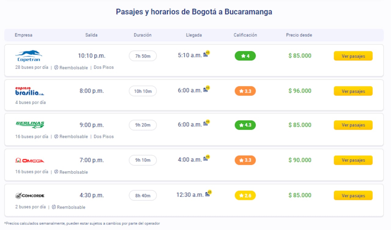 Precio del pasaje Bogotá a Bucaramanga en bus.