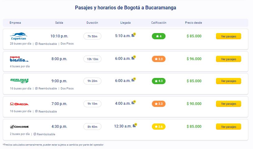 Precio del pasaje Bogotá a Bucaramanga en bus.