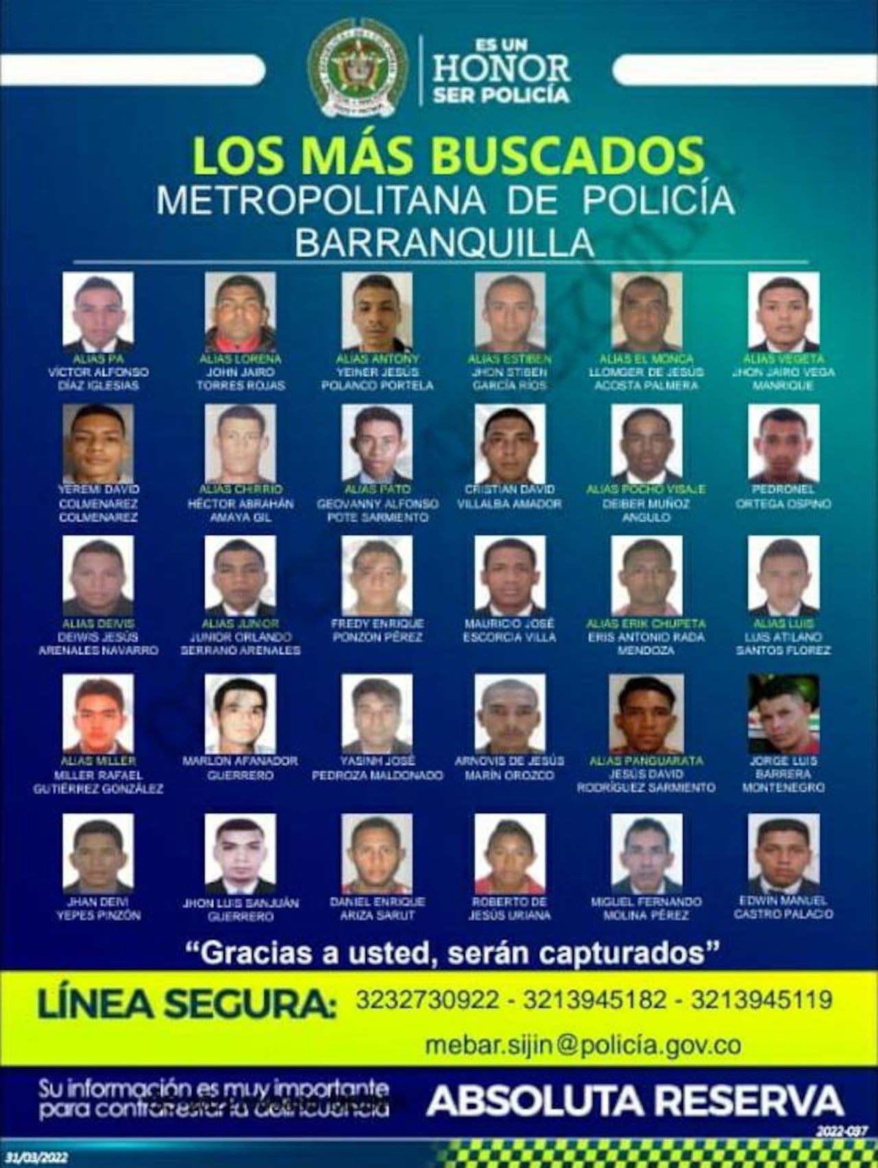Cartel de los más buscados en el departamento del Atlántico.