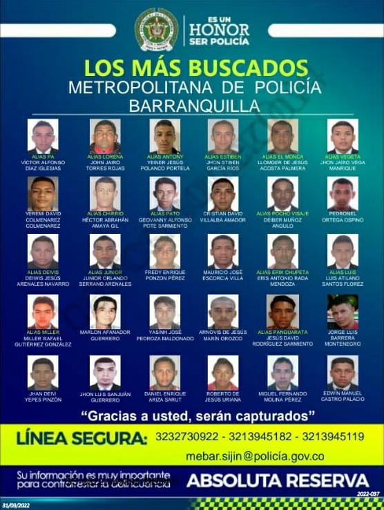 Este es el cartel de los más buscados en Barranquilla y su área ...