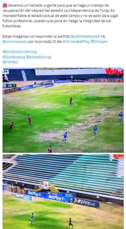 La organización sindical envió una denuncia sobre la cancha del Estadio La Independencia