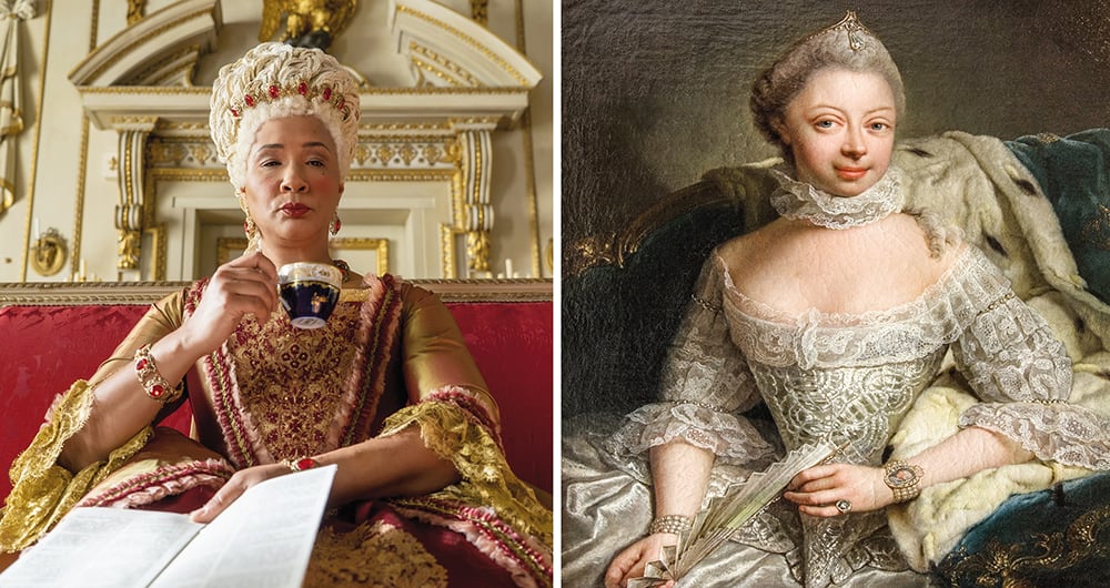  La reina Charlotte, encarnada por Golda Rosheuvel, se inspira en la esposa del rey Jorge III; de ella se dice que tenía sangre afro por su fisonomía. 