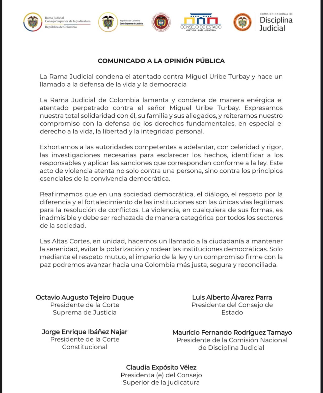 Comunicado de las Altas Cortes rechazando el atentado contra el senador Miguel Uribe