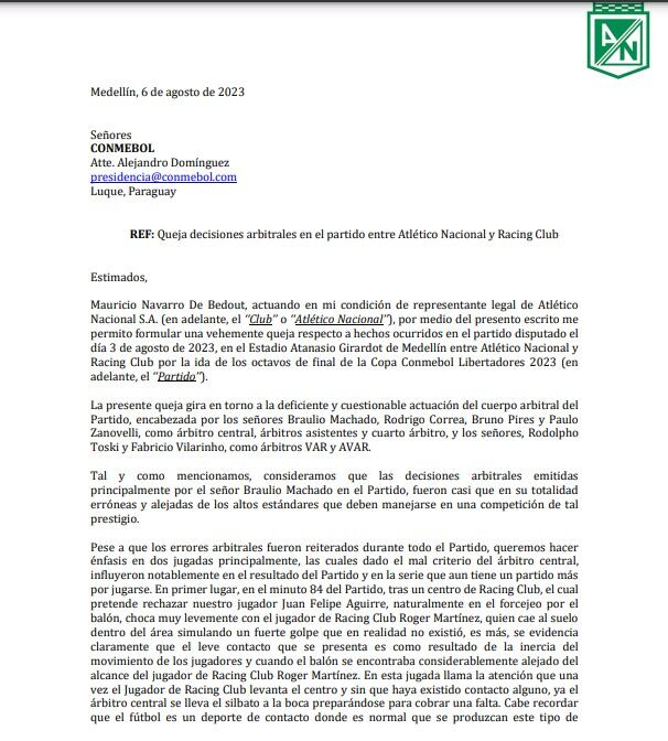 Carta Atlético Nacional parte 1