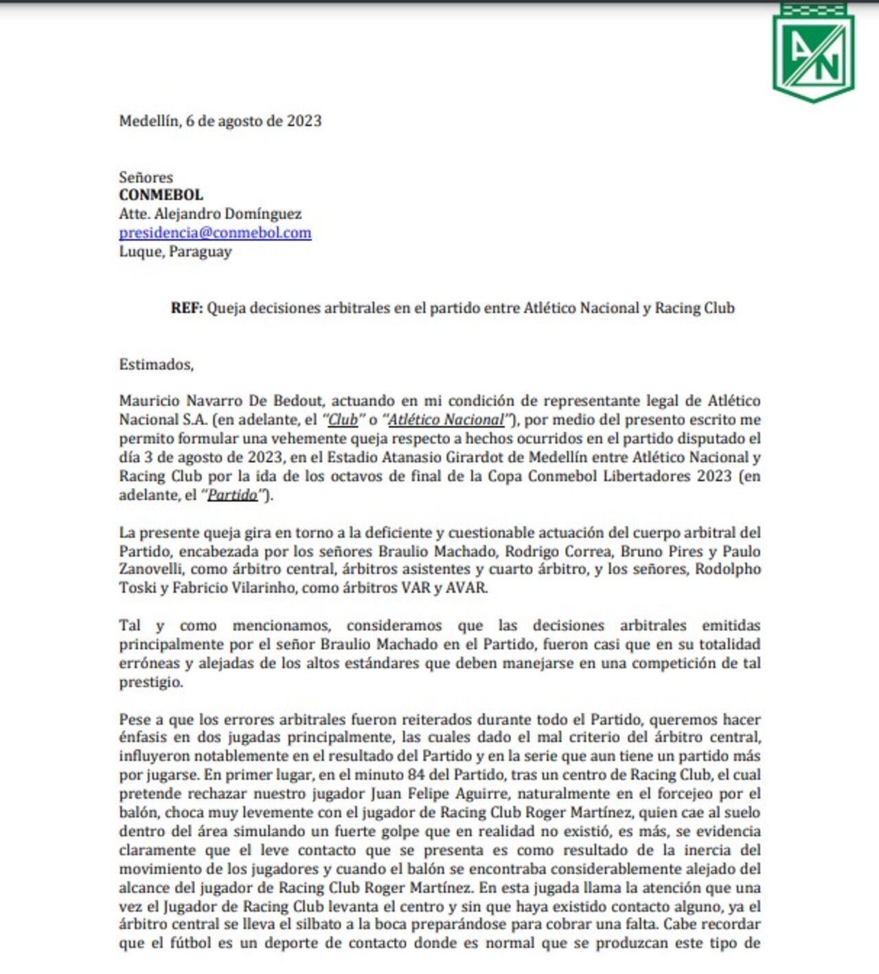 Carta Atlético Nacional parte 1