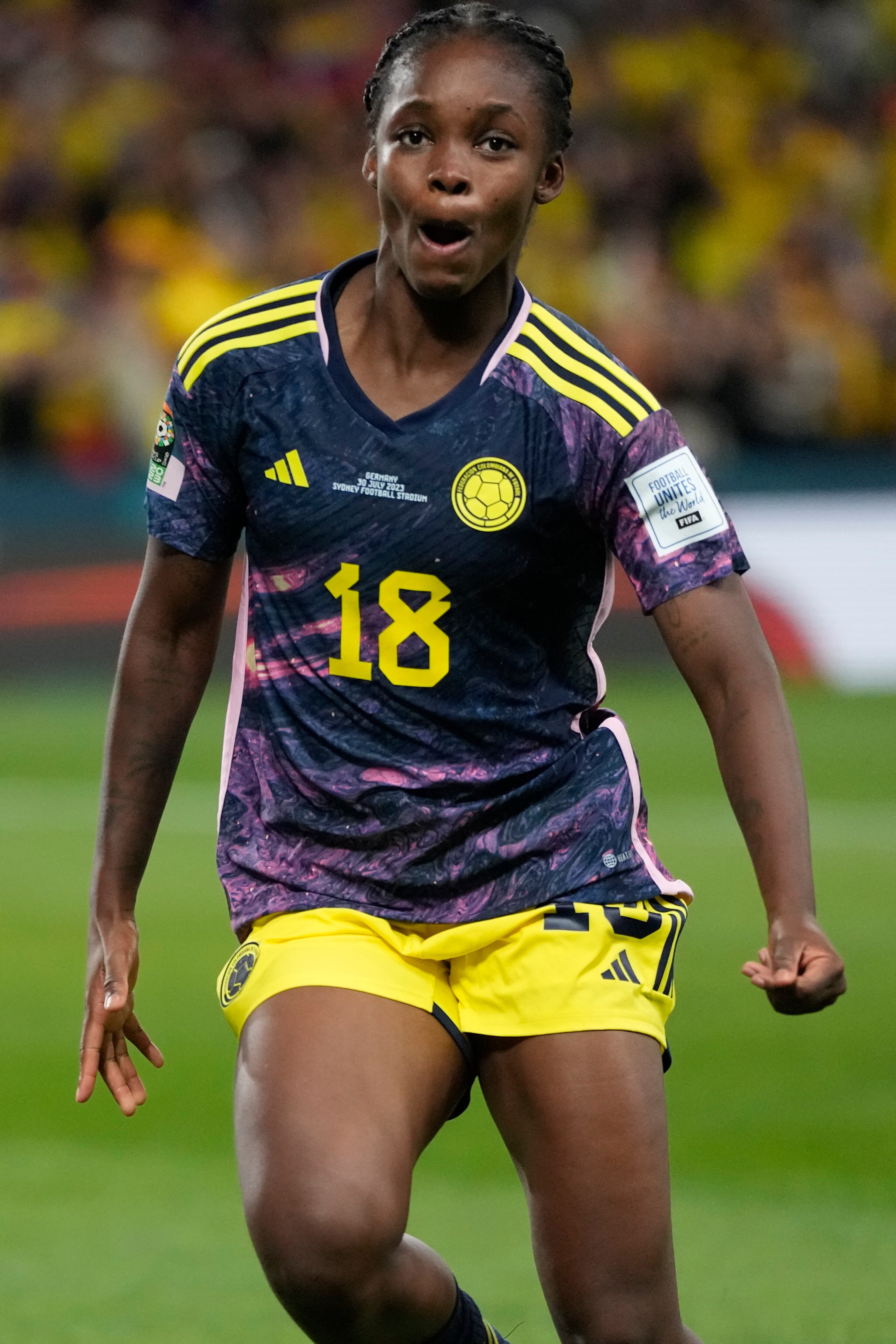 Colombia's Linda Caicedo celebrates after scoring her side's opening goal during the Women's World Cup Group H soccer match between Germany and Colombia at the Sydney Football Stadium in Sydney, Australia, Sunday, July 30, 2023. (AP Photo/Rick Rycroft)