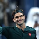 DOHA, QATAR - MARCH 10: Roger Federer of Switzerland celebrates winning his match against Dan Evans of Great Britain on Day 3 of the Qatar ExxonMobil Open at Khalifa International Tennis and Squash Complex on March 10, 2021 in Doha, Qatar. (Photo by Mohamed Farag/Getty Images)