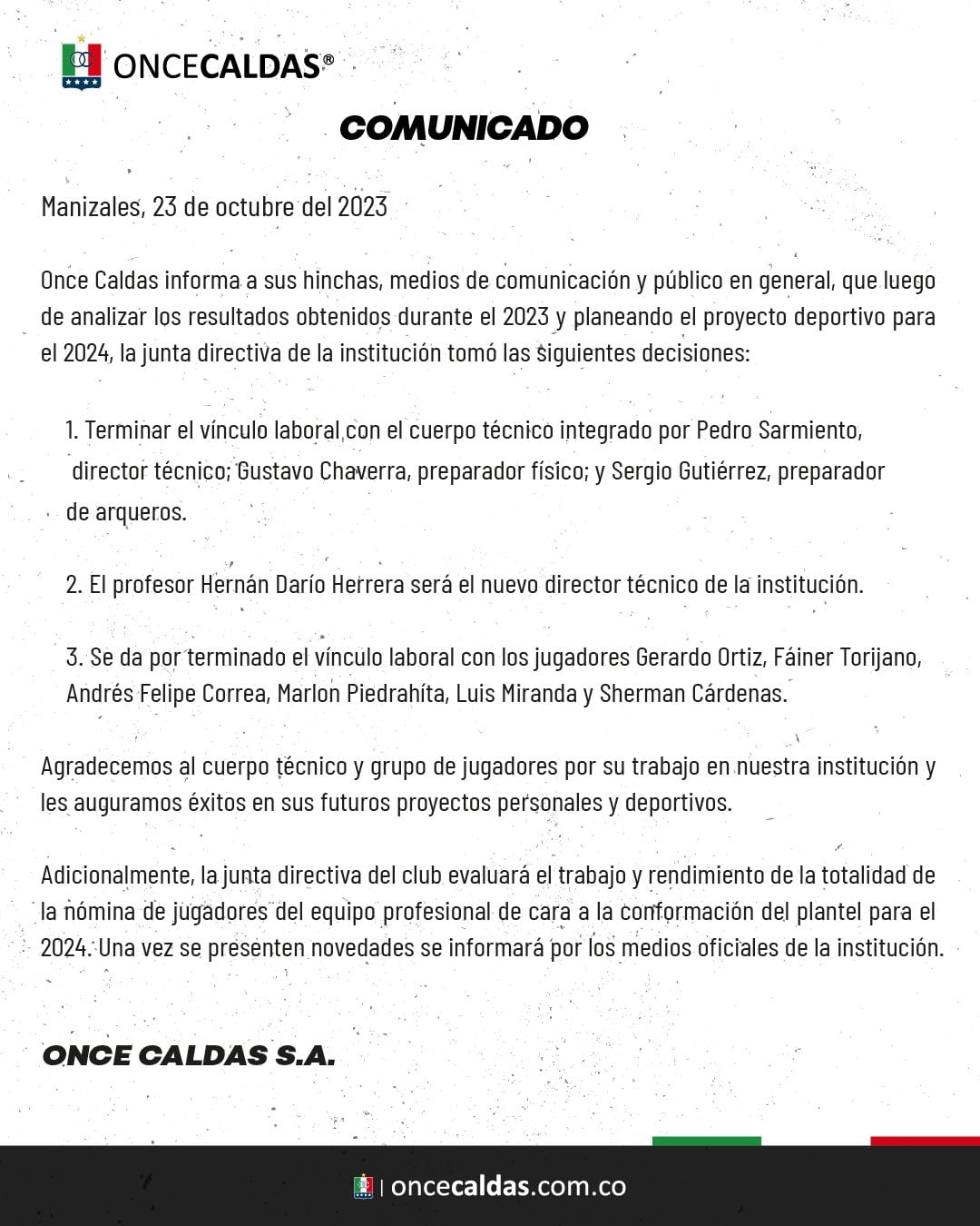 Comunicado oficial de Once Caldas