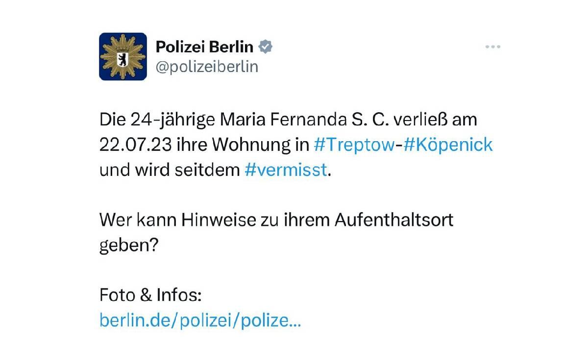 Trino de la policía de Berlín anunciando la desaparición de la mexicana