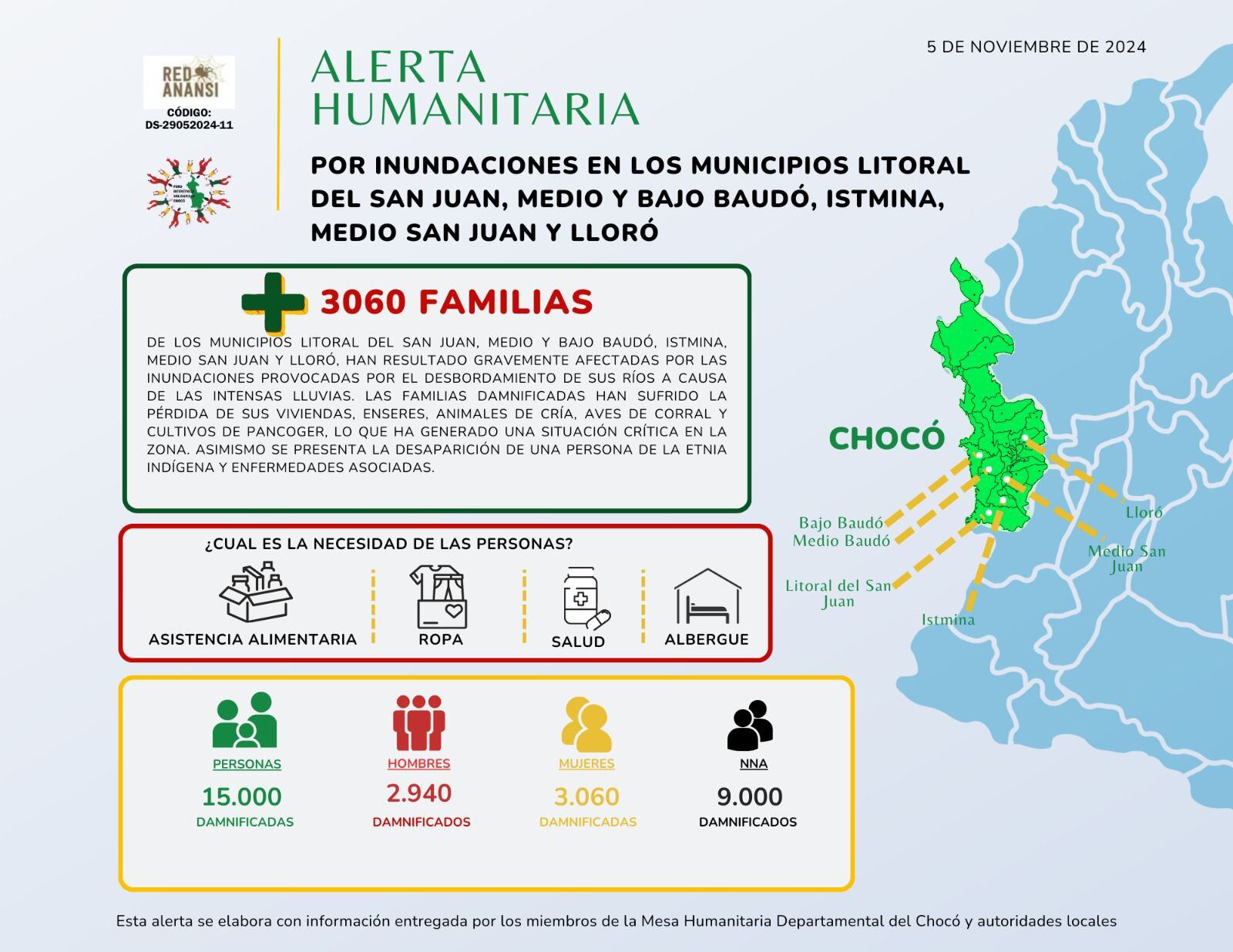 Familias afectadas por inundaciones en Chocó