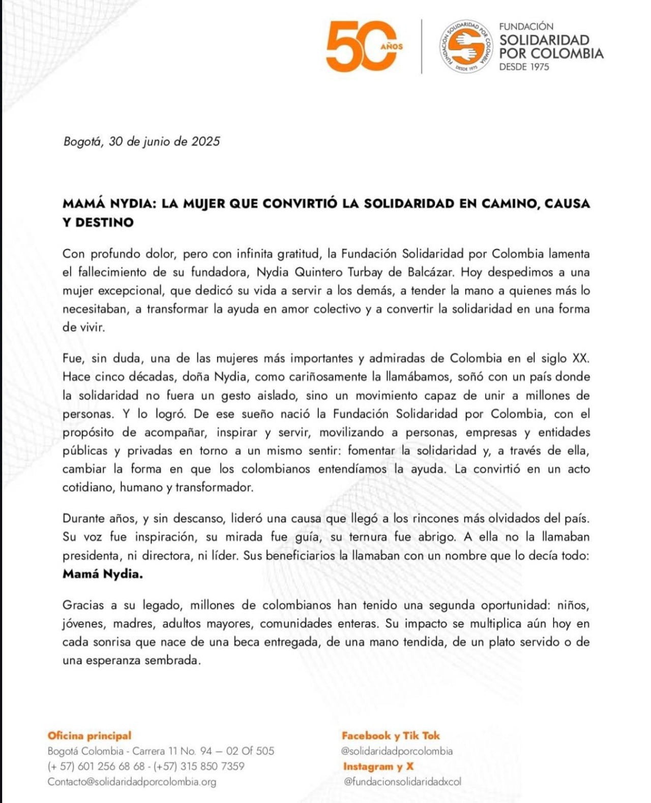 Comunicado Fundación Solidaridad por Colombia sobre la muerte de Nydia Quintero.