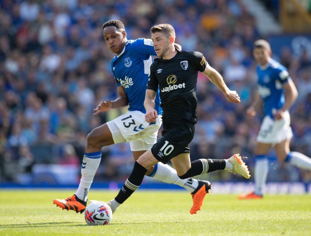 LIVERPOOL, ENGLAND - MAY 28: Ryan Christie of AFC Bournemouth and Yerry Mina of Everton in action during the Premier League match between Everton FC and AFC Bournemouth at Goodison Park on May 28, 2023 in Liverpool, England. (Photo by Visionhaus/Getty Images)