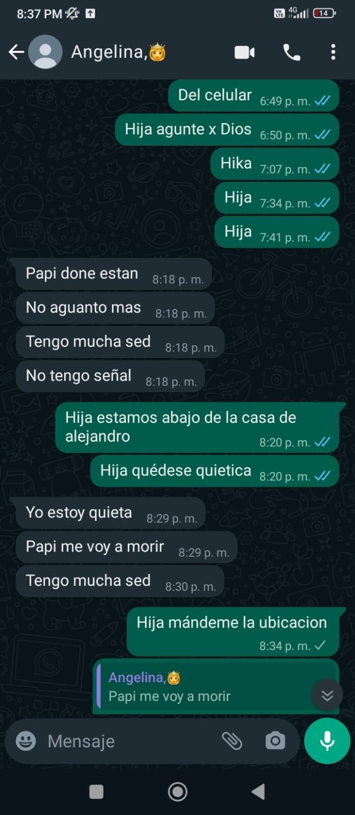 La joven logró comunicarse con su padre mientras estaba desaparecida.