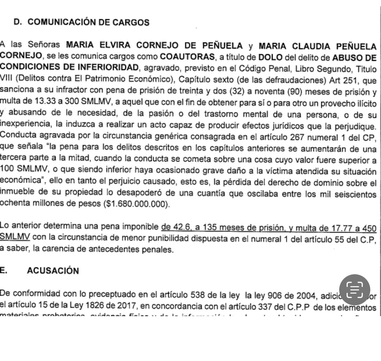 Documento que prueba la acusación de la Fiscalía en contra de la exreina de Santander, María Claudia Peñuela.