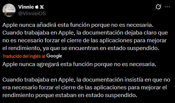 El desarrollador aclaró que iOS prepara las apps para que abran rápido, por lo que cerrarlas a la fuerza rompe esa dinámica y exige más trabajo al teléfono.