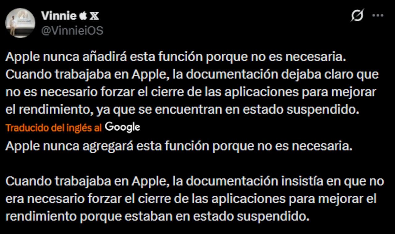 El desarrollador aclaró que iOS prepara las apps para que abran rápido, por lo que cerrarlas a la fuerza rompe esa dinámica y exige más trabajo al teléfono.