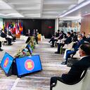 FILE - In this April 24, 2021, file photo released by Indonesian Presidential Palace, Myanmar's Commander-in-Chief Senior General Min Aung Hlaing, bottom right, and ASEAN leaders convene during their meeting at the ASEAN Secretariat in Jakarta, Indonesia. Southeast Asia’s top diplomats will discuss in an emergency meeting Friday, Oct. 15, whether to allow Myanmar's military leader to attend an annual summit after a crisis envoy was barred from meeting ousted leader Aung San Suu Kyi.(Laily Rachev, Indonesian Presidential Palace via AP, File)