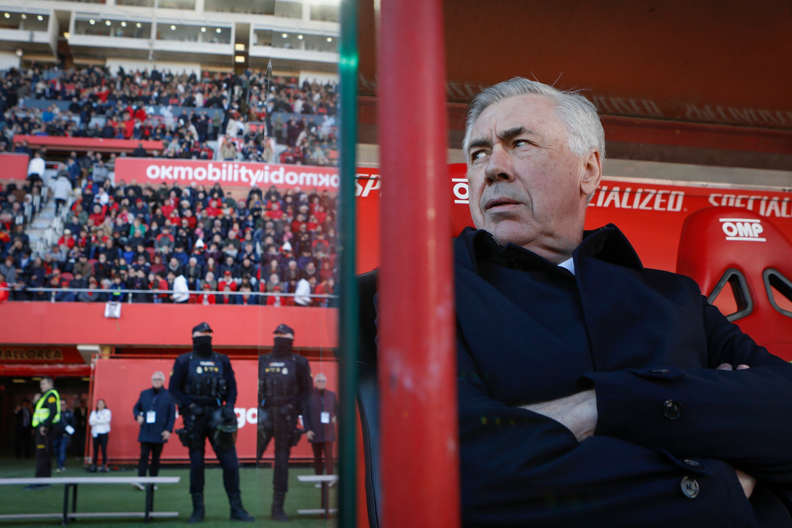Real Madrid's head coach Carlo Ancelotti looks on during a Spanish La Liga soccer match between Mallorca and Real Madrid at the Son Moix stadium in Palma de Mallorca, Spain, Sunday, Feb. 5, 2023. (AP Photo/Francisco Ubilla)
