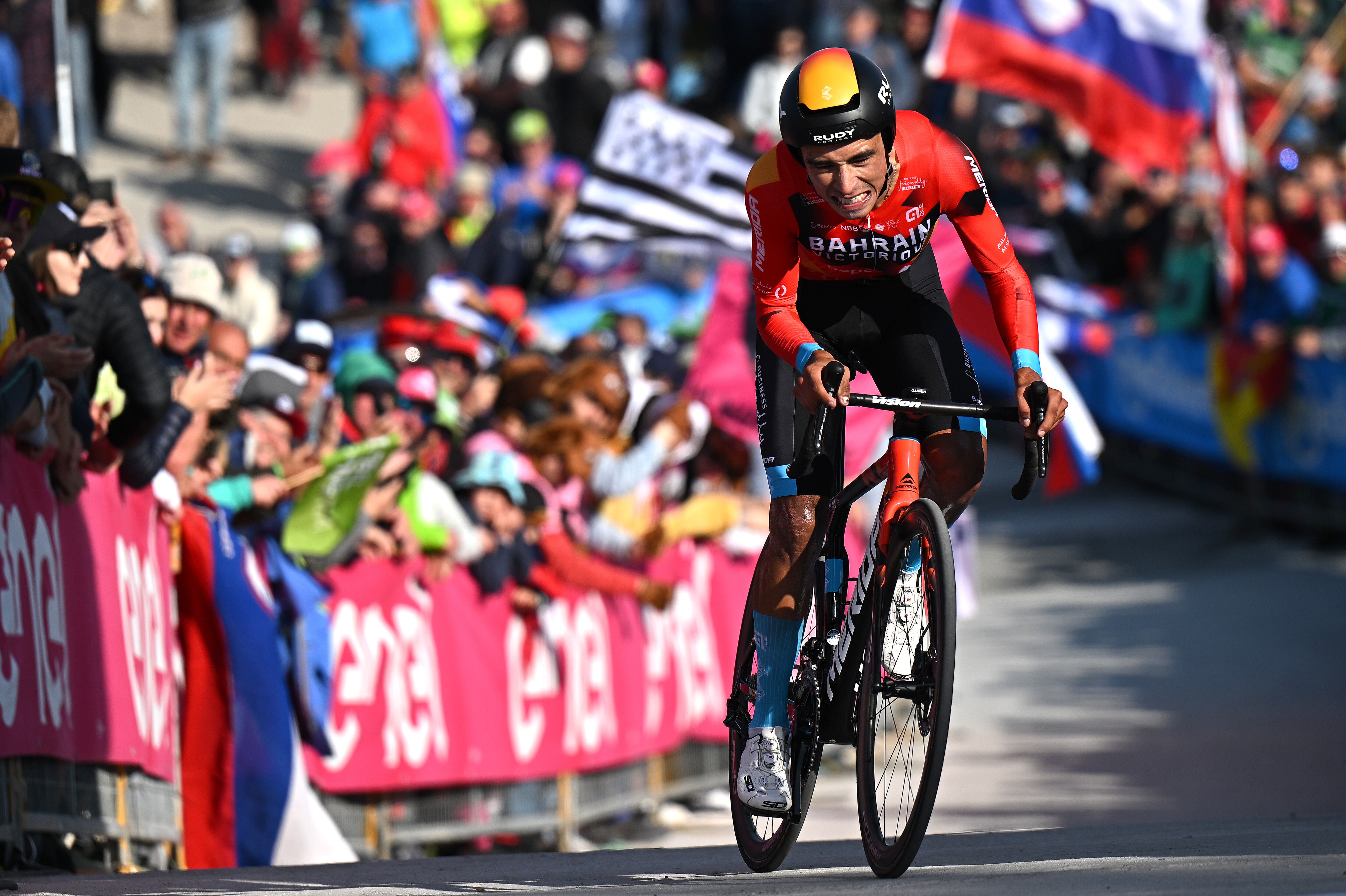 MONTE LUSSARI, ITALY - MAY 27: Santiago Buitrago of Colombia and Team Bahrain - Victorious crosses the finish line during the 106th Giro d'Italia 2023, Stage 20 a 18.6km individual climbing time trial stage from Tarvisio 750m to Monte Lussari 1744m / #UCIWT / on May 27, 2023 in Monte Lussari, Italy. (Photo by Stuart Franklin/Getty Images,)