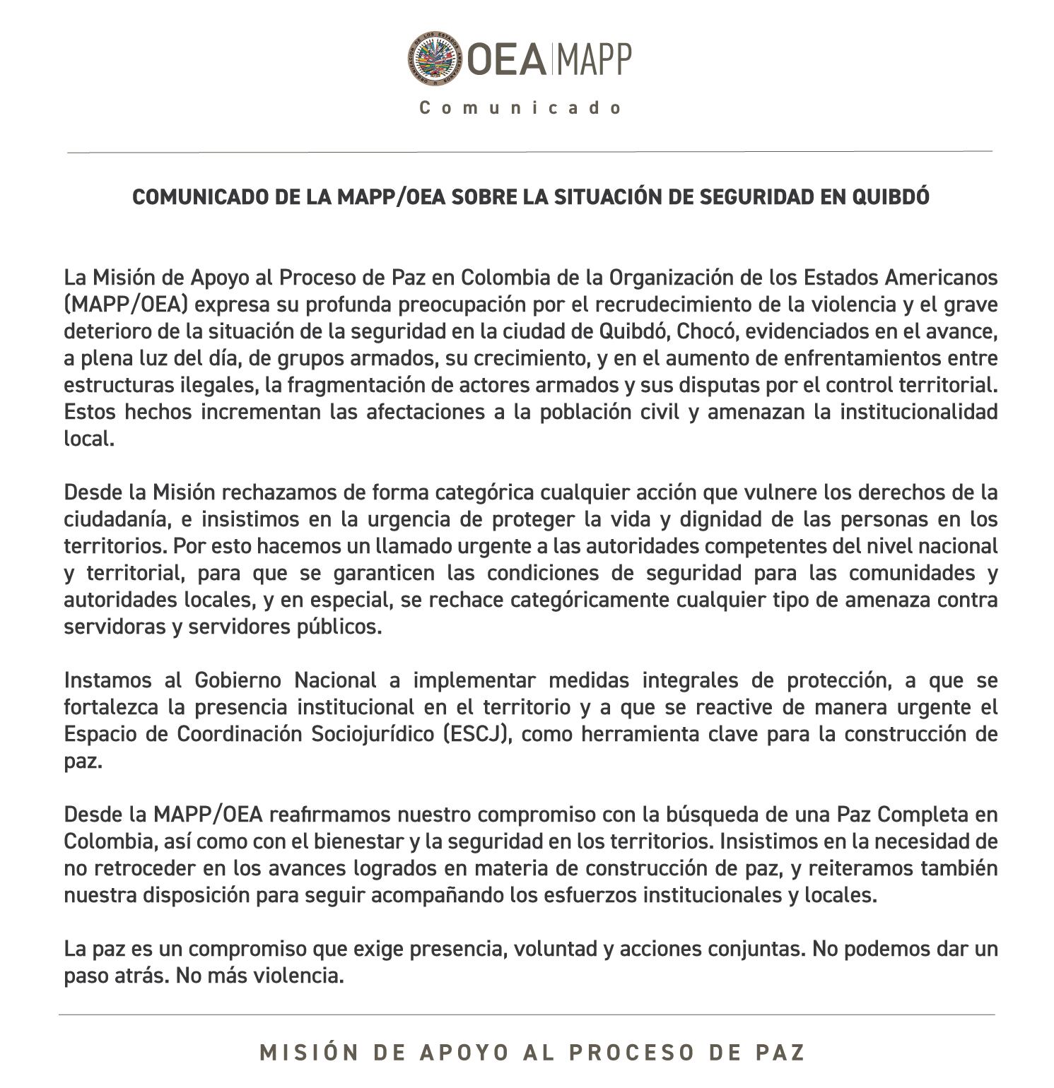 Comunicado OEA crisis de seguridad en Quibdó