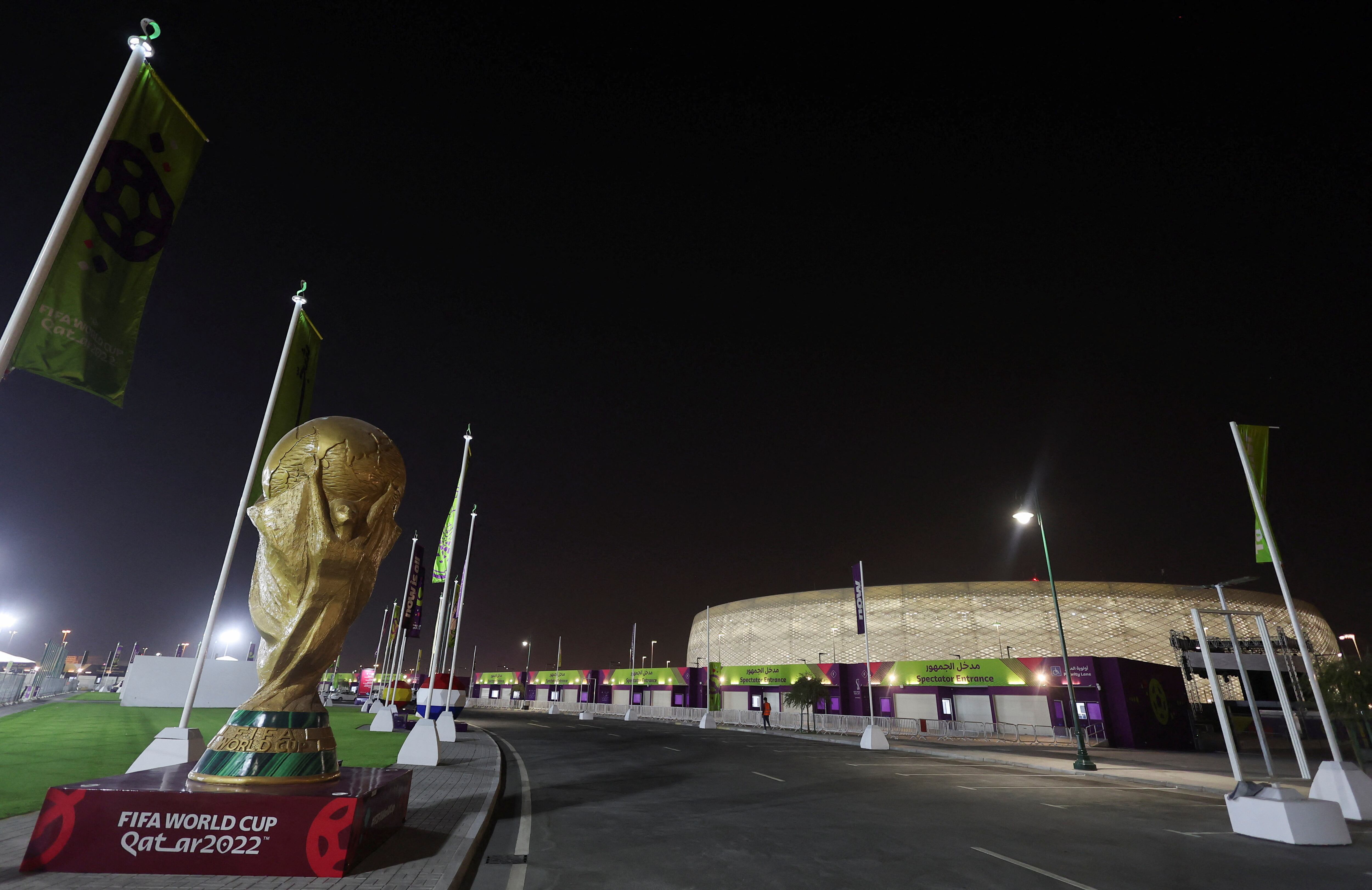 A general view of the Al Thumama Stadium with a sculpture of the World Cup trophy is seen from the spectator entrance ahead of the World Cup soccer tournament in Doha, Qatar November 8, 2022. REUTERS/Amr Abdallah Dalsh