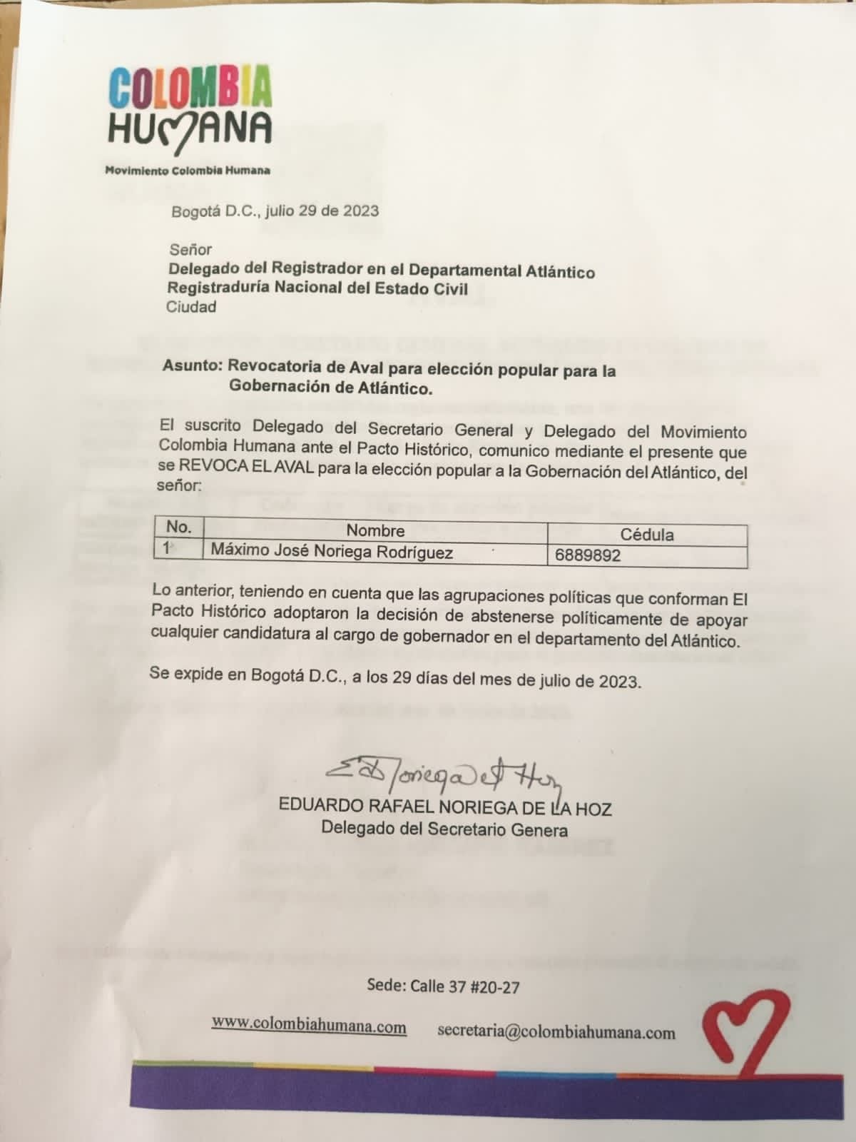 El partido Colombia Humana retiró el aval del dirigente político para aspirar por la Gobernación del Atlántico.