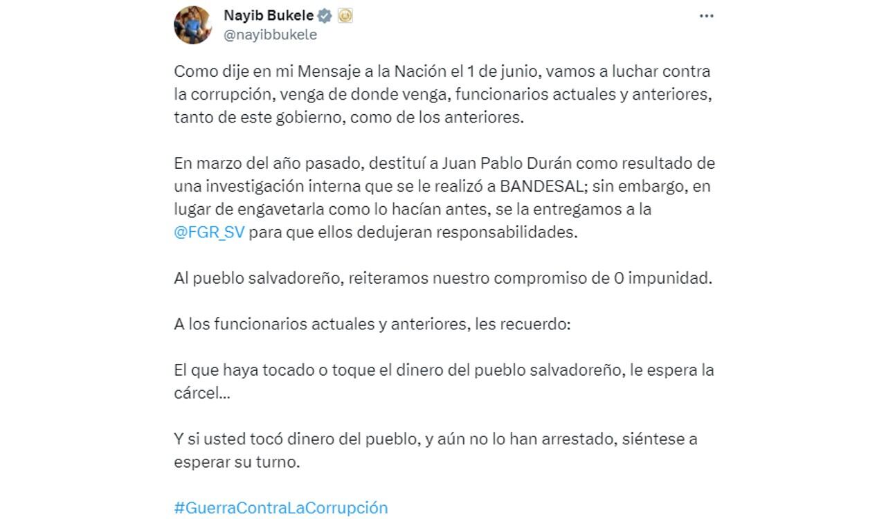Así fue el contundente mensaje del presidente Bukele a los corruptos
