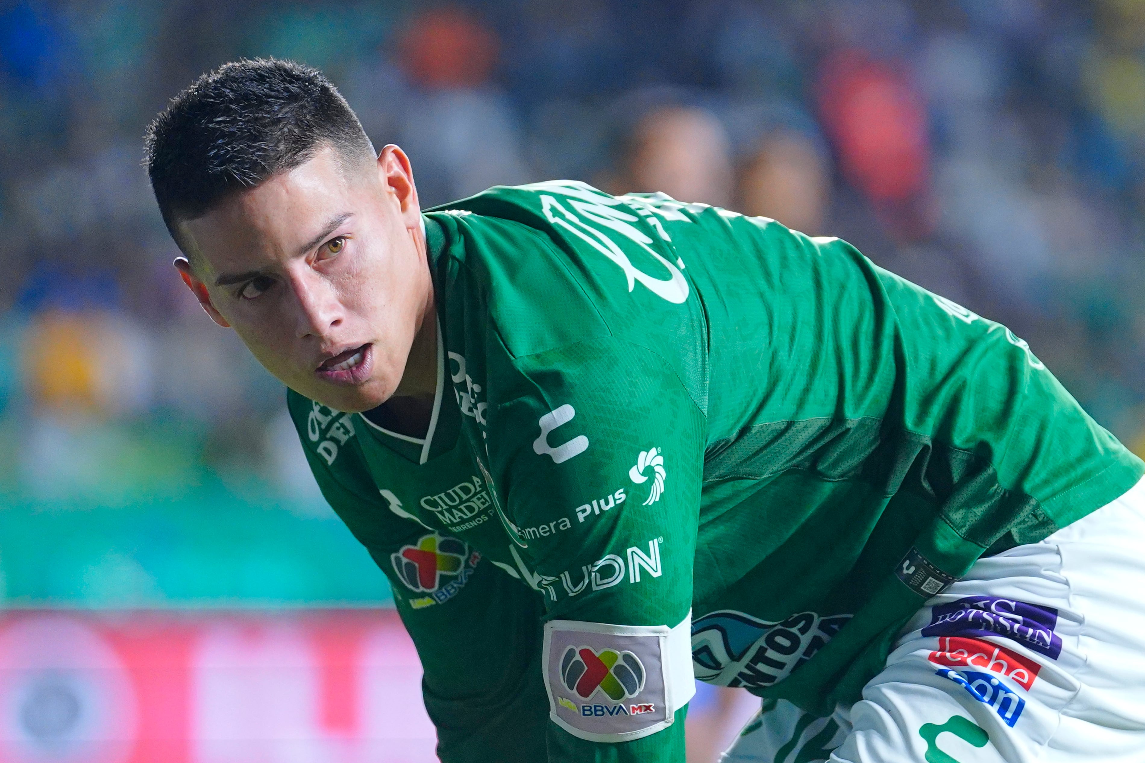LEON, MEXICO - FEBRUARY 22: James Rodriguez of Leon looks on during the 8th round match between Leon and Tigres UANL as part of the Torneo Clausura 2025 Liga MX at Leon Stadium on February 22, 2025 in Leon, Mexico. (Photo by Luis Cano/Jam Media/Getty Images)