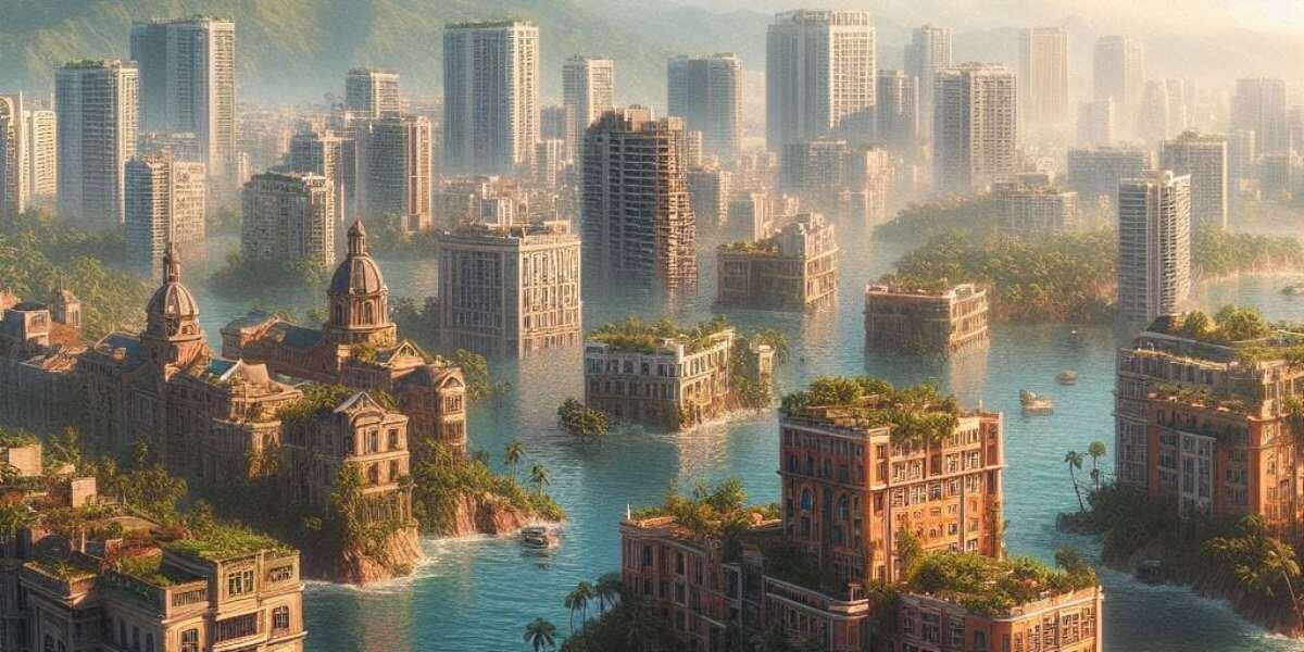 Ilustración generada con IA de ciudades costeras hundidas bajo el agua.