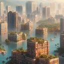 Ilustración generada con IA de ciudades costeras hundidas bajo el agua.