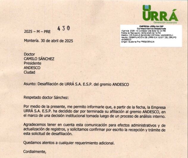 Carta de desafiliación de Urrá, del gremio Andesco