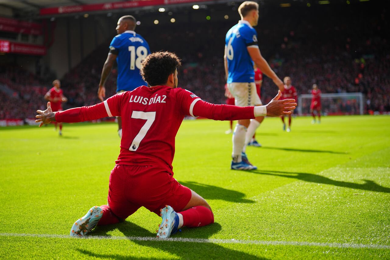 Liverpool's Luis Diaz reacts during the English Premier League soccer match between Liverpool and Everton, at Anfield in Liverpool, England, Saturday, Oct. 21, 2023. (AP Photo/Jon Super)