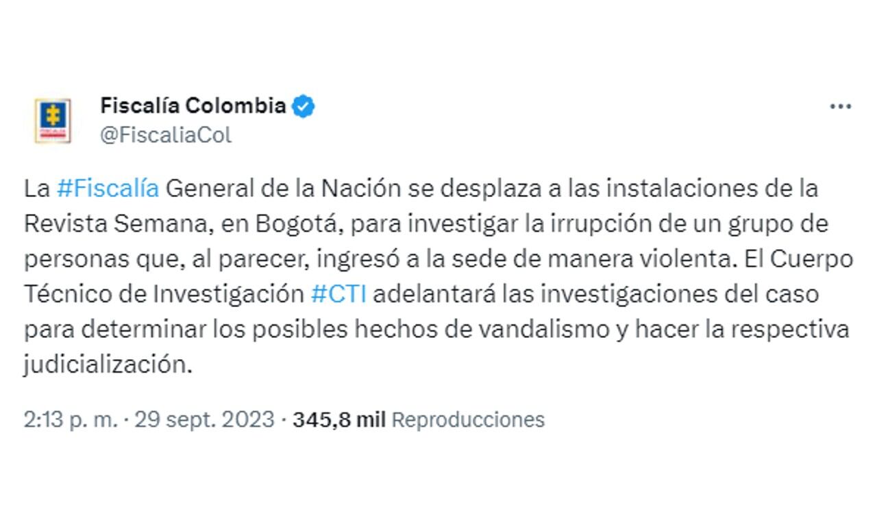 Así se manifestó la Fiscalía General de la Nación ante lo ocurrido en las instalaciones de Semana