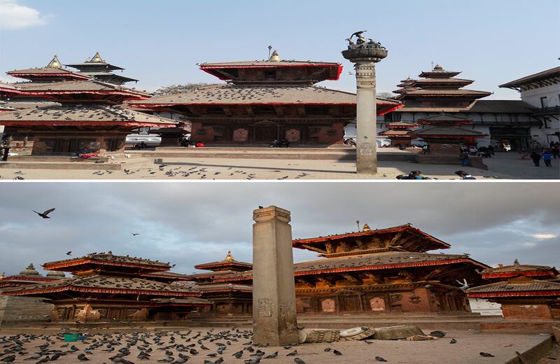 En la plaza de Basantapur Durbar se encuentran varios templos de las deidades hindúes. Frente a la casa de la Kumari, la niña diosa, quedó devastada la estatua del Garuda, rey de las aves.