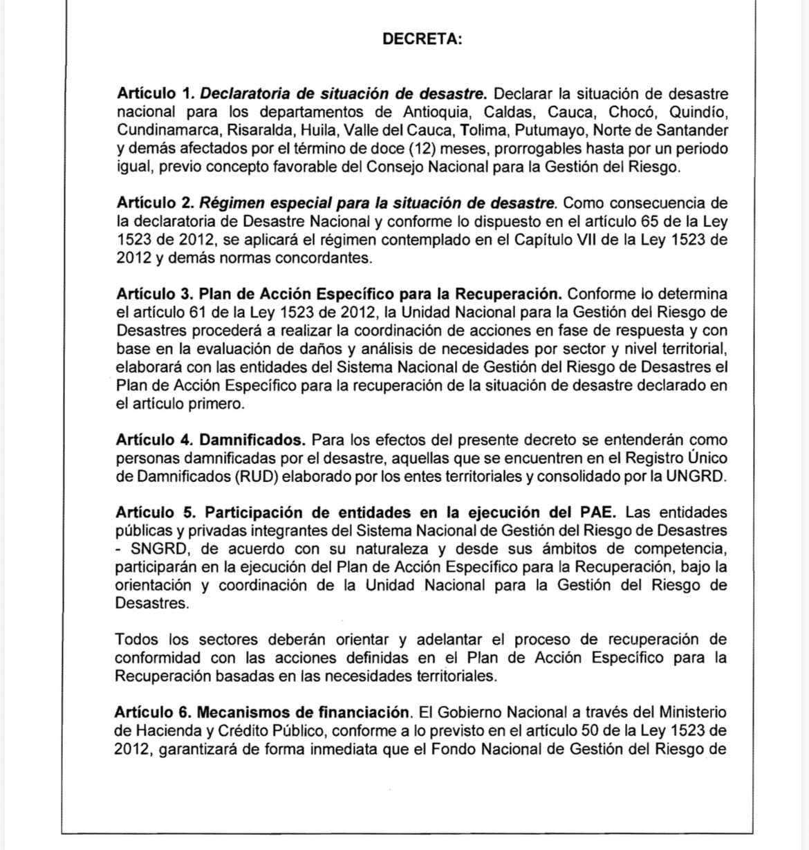 Decreto desastre nacional.