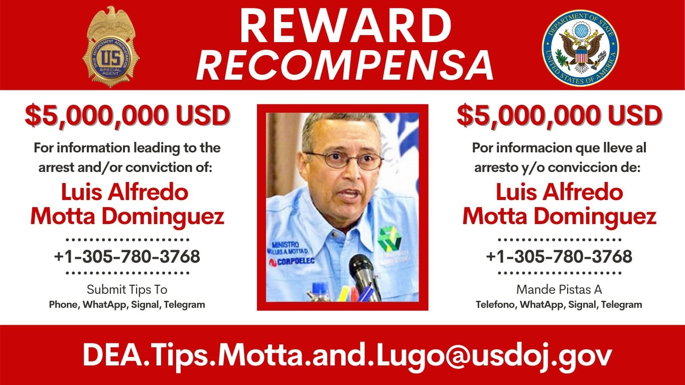 Cartel de recompensa de la DEA sobre Luis Alfredo Motta.