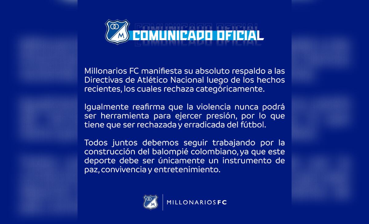 Comunicado Millonarios apoyando a Nacional.