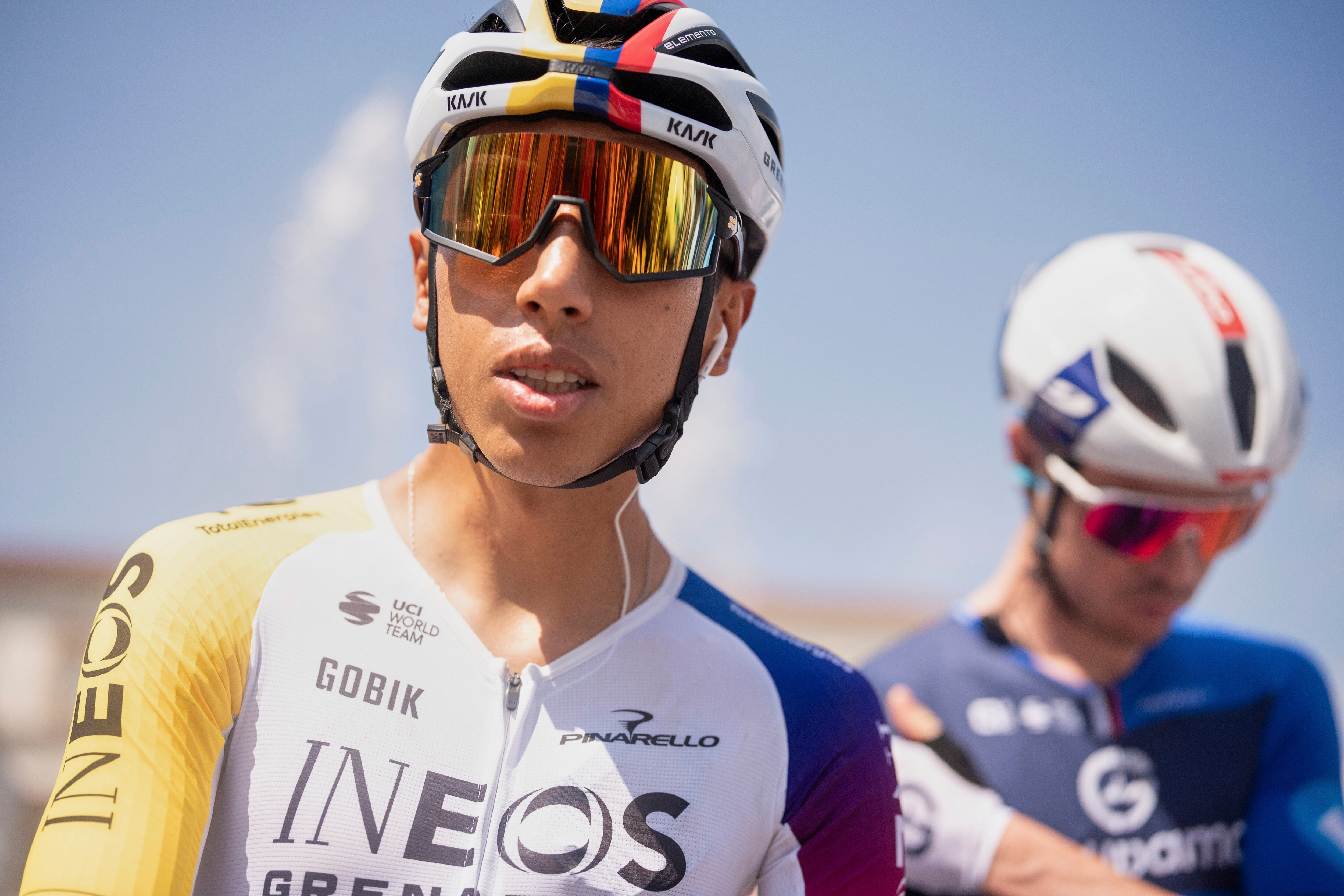 Colombia's Egan Bernal looks on at the start of the first stage of the La Vuelta, tour of Spain cycling race, from Venaria to Novara, Italy, Saturday, Aug. 23, 2025. (Marco Alpozzi/LaPresse via AP)