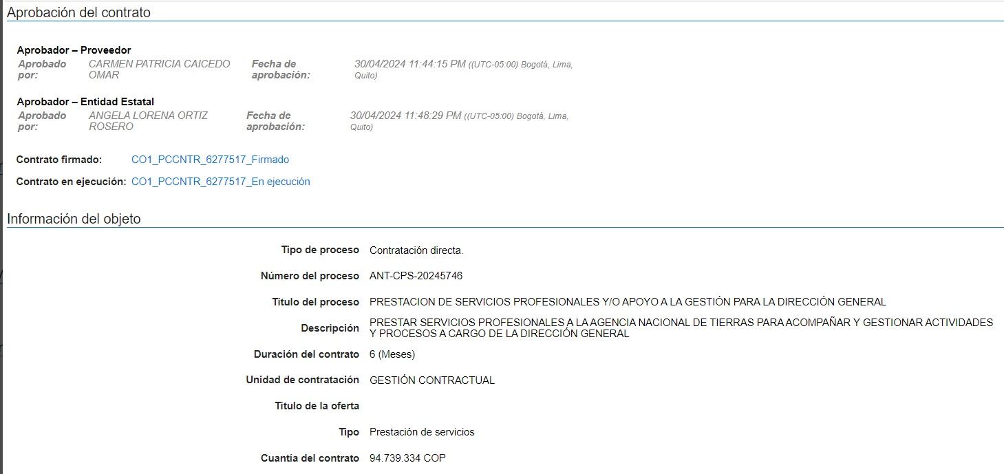 Este es el contrato de Patricia Caicedo con la Agencia Nacional de Tierras.