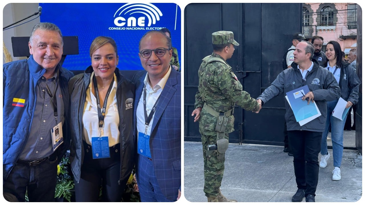 Foto uno: Los congresistas Óscar Darío Pérez, Luz Pastrán y Juan Espinal. Foto 2: El parlamentario Juan Espinal en una de las mesas de votación en Ecuador.