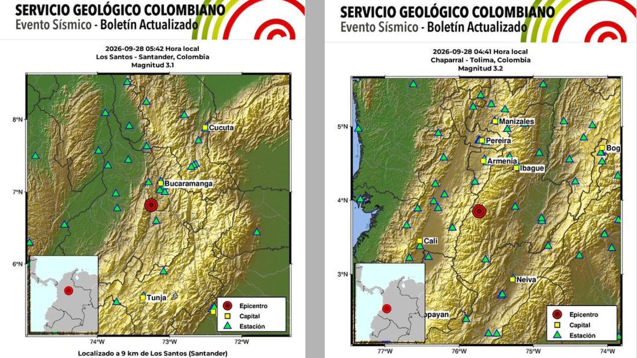 Imagen de los dos sismos reportados por el SGC este lunes 28 de septiembre.