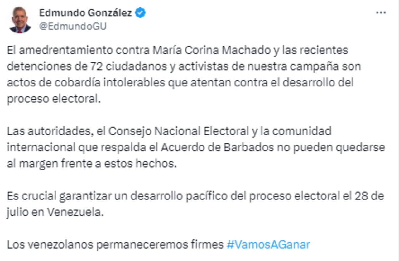 El mensaje del candidato Edmundo González fue publicado en su cuenta de X