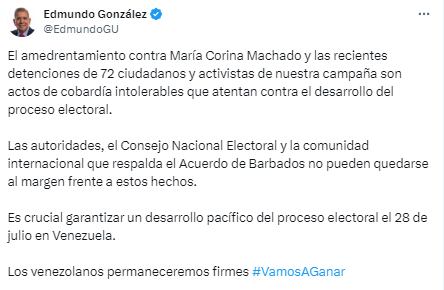 El mensaje del candidato Edmundo González fue publicado en su cuenta de X