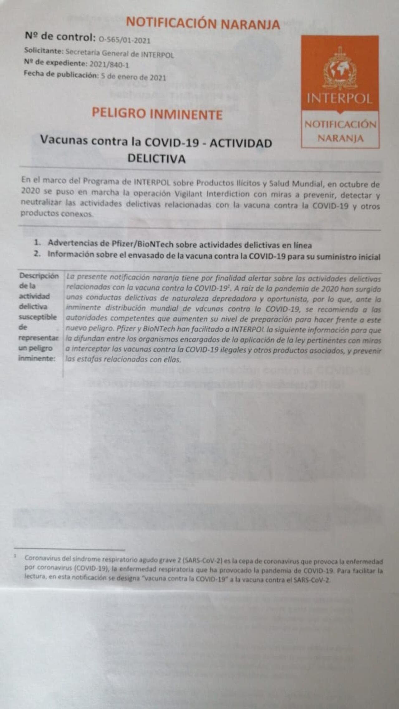 Circular Naranja Interpol delitos coronavirus